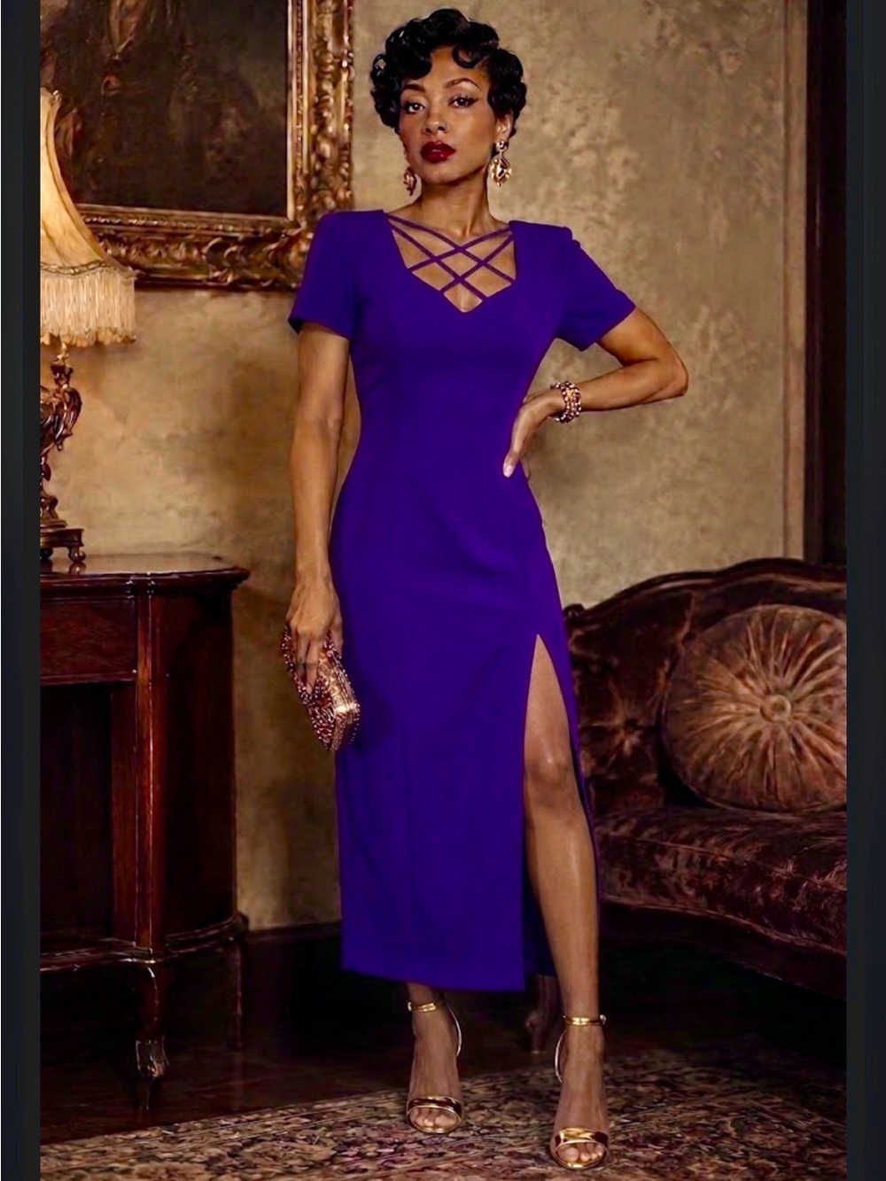 Vintage Liz Claiborne 100% Silk Purple Crisscross Midi Dress with Side Slit